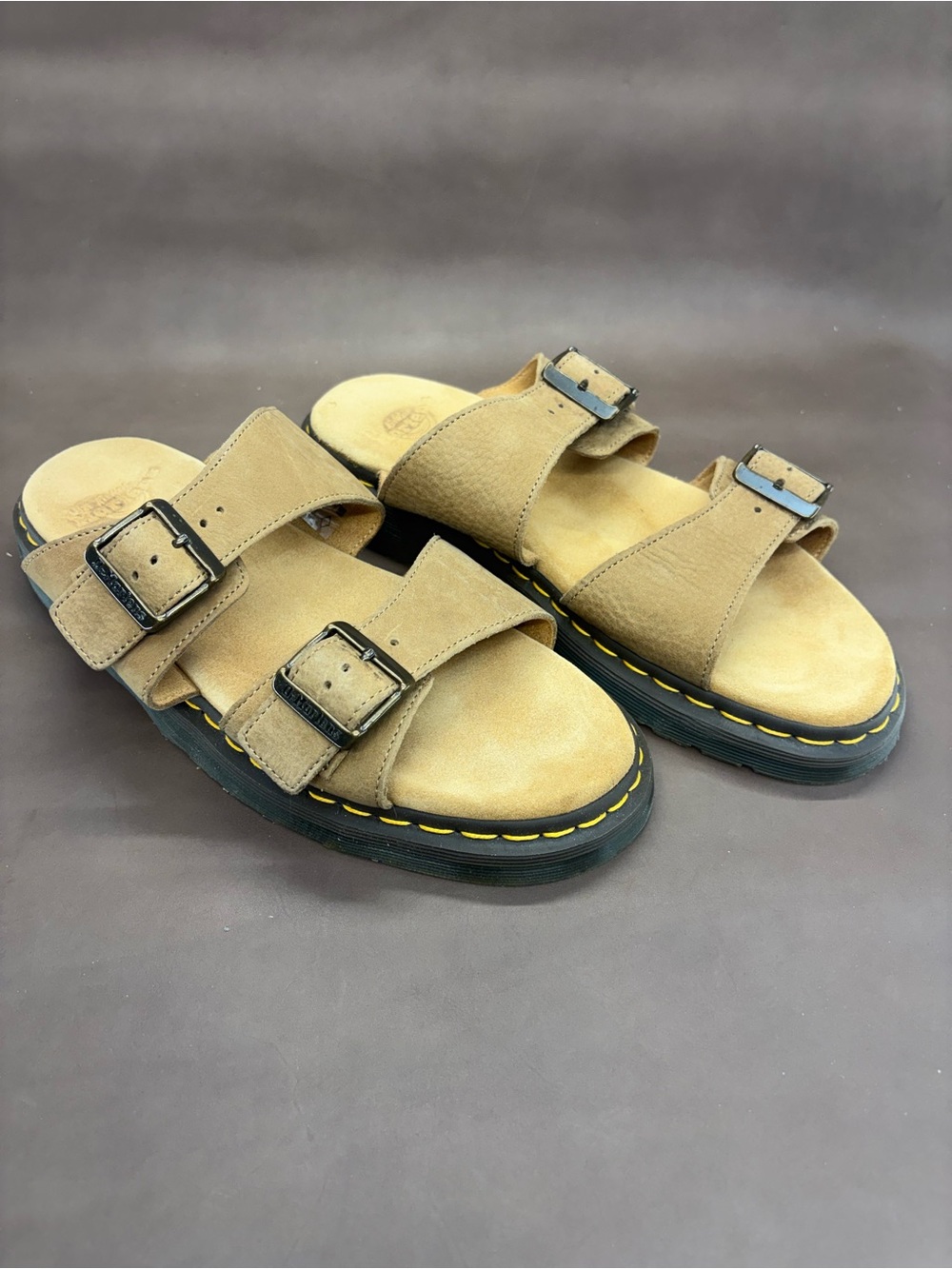Dr. Martens Tan Nubuck Leather Slide Sandals with Buckle Detail